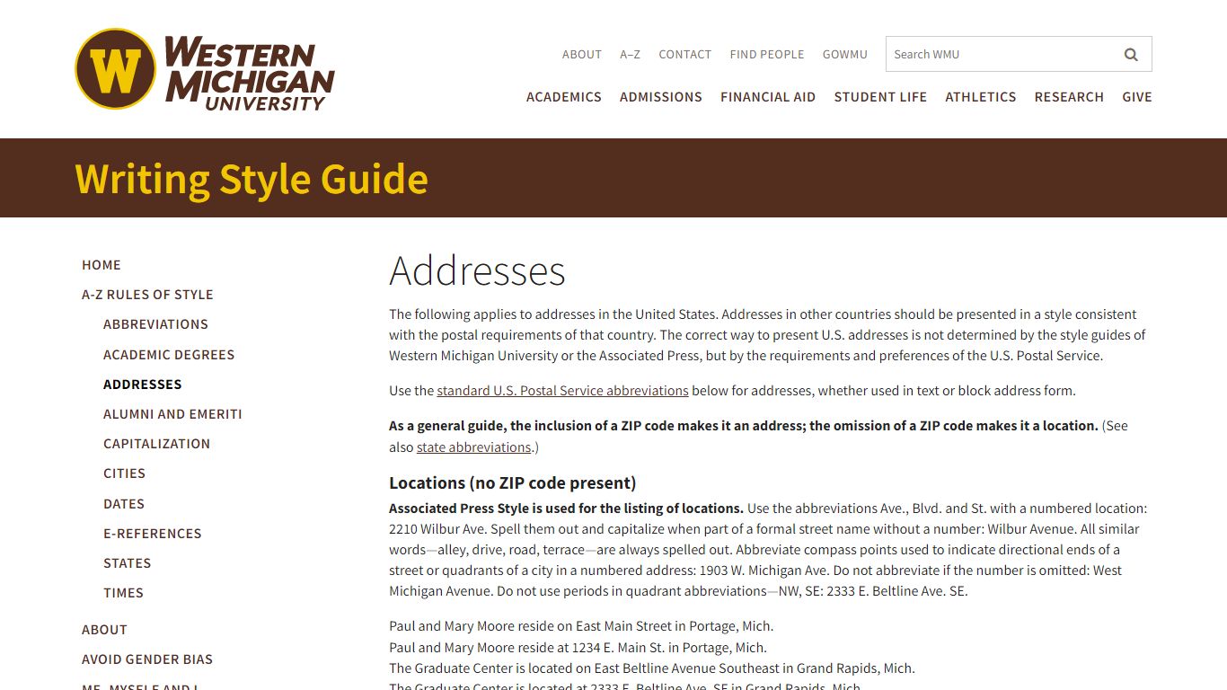 Addresses | Writing Style Guide | Western Michigan University